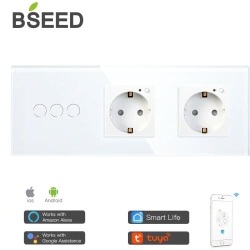 BSEED 3 Gang Smart Wifi Touch Switch With Double EU Socket Work With Tuya Alexa Smart Home App 3 Colors For Home Improvement