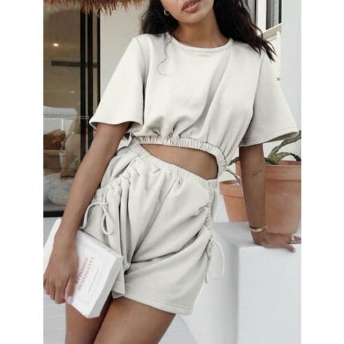 Conmoto High street O-neck short sleeves jumpsuit Casual solid hollow out elastic waistband women romper summer Fashion outfit