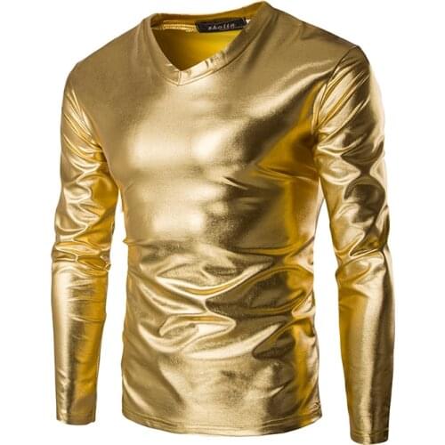 Wholesale Hot stamping bright face long sleeve T-shirt bar nightclub dance Gold silver black costumes fashion glossy T-shirt