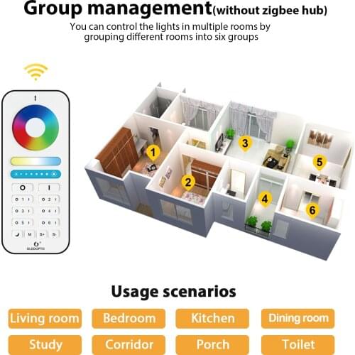 GLEDOPTO Smart Home 2.4G RGBCCT 6 Zone Group Control RF Remote Control Work with Pro Series RGBCCT Controller LED Bulb Spotlight