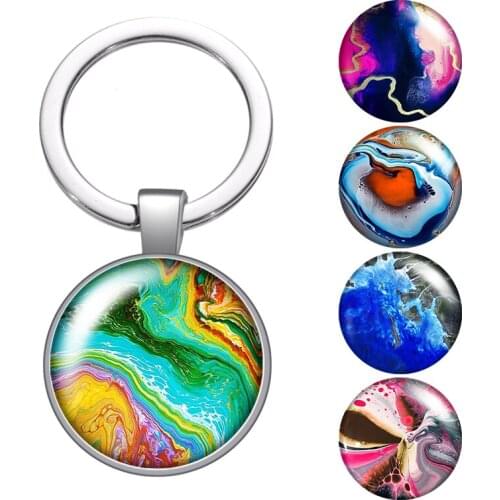 Gradient Mixed Colorful Oil paint glass cabochon keychain Bag Car key chain Ring Holder silver color keychains for Women Gift