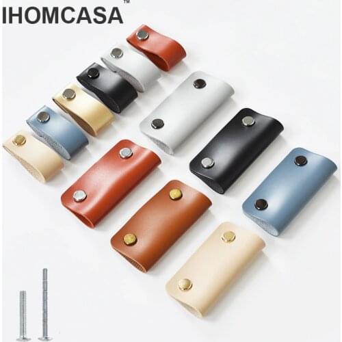 IHOMCASA 30AColors Leather Furniture Handle For Drawers Dresser Cupboard Wardrobe Kitchen Door Knob Cabinet Pulls Golden Brass