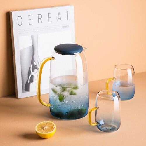 Nordic Style Gradient Blue Color Cold Water Juice Jug Food Grade Silicone Lid Golden Handle Heat Resistant Glass Kettle