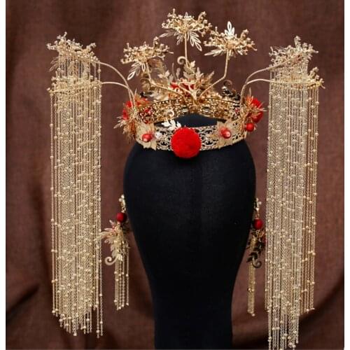 Red Phoenix Tassel Bride Xiuhe Headdress Suit Chinese Wedding Hanfu Props Cosplay