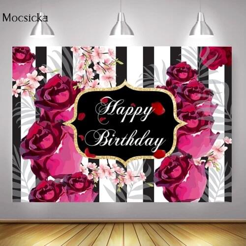 Red Rose Adult Woman Happy Birthday Background Stripes Flowers Pink Peach Blossom Birthday Party Backdrop Decorations Photocall