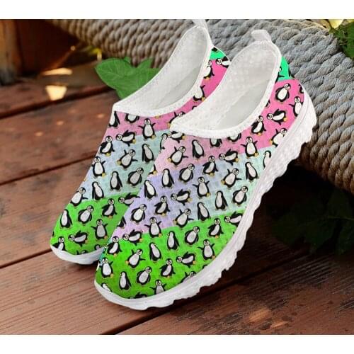 ELVISWORDS Gradient Rainbow Penguin Pattern Summer Women Flats Shoes Casual Sneakers Shoes Woman Air Mesh Breathbale Shoes Girls