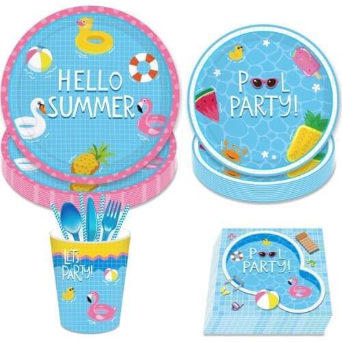 Summer Kids Happy Birthday Party Decorations Baby Shower Swimming Pool Theme Disposable Plates Napkins Cups Tableware Sets