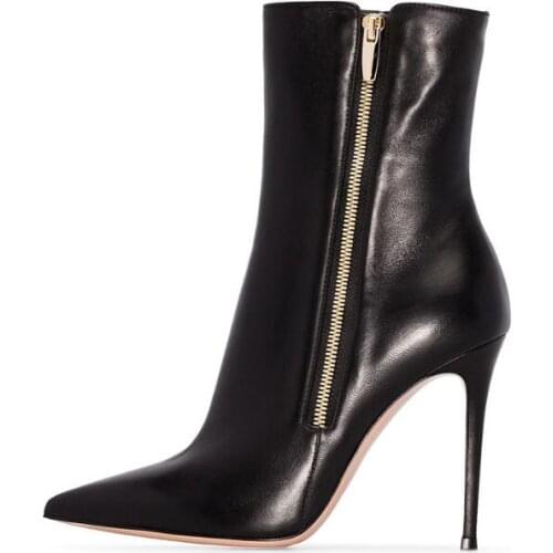 Pu Black Fashion Woman Side Zipper Pointed Toe Plus Size Stiletto Heels High Heel Ankle Short Boots High Quality Booties Lady