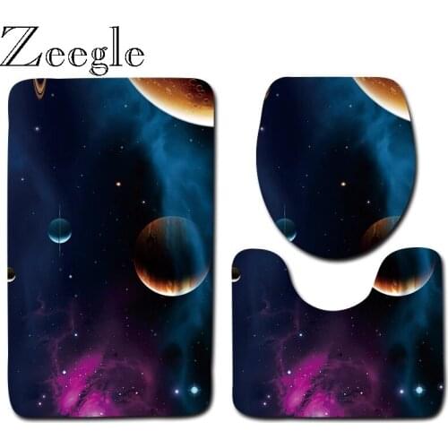 Zeegle Print Planet Bath Set Creative Toilet Rug Suit Bathroom Non-slip Foot Mat Toilet Decor Accessories Bathroom Floor Carpet