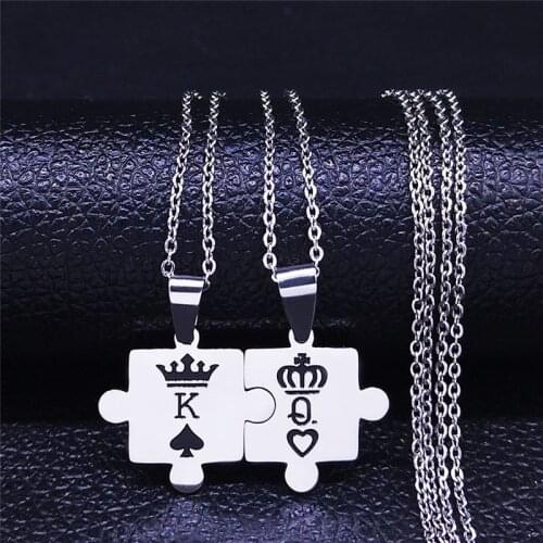 2pcs Puzzle King Queen Stainless Steel Couple Necklaces Women/Men Black Color Chain Necklaces Jewelry Valentines Day Gift NXS03