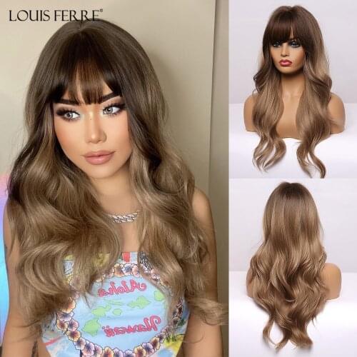 LOUIS FERRE Ombre Black Brown Synthetic Wigs with Bangs for Black Woman Long Natural Wave Cosplay Wigs Heat Resistant Fibre