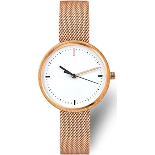 Dropshipping Fashionable Elegant White Copper Dial Bamboo Wooden Watch Women with Rose Gold Mesh Band