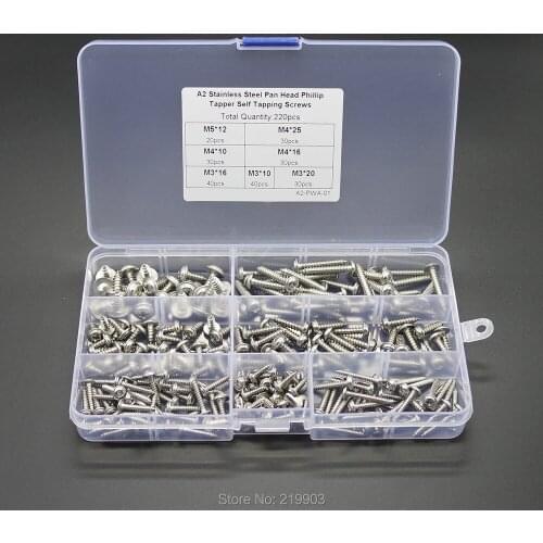 220pcs A2 Stainless Steel Pan Head Phillip Tapper Self Tapping Screw With Washer Fastener Set Screw Assortment Kit NO.A2-PWA-01