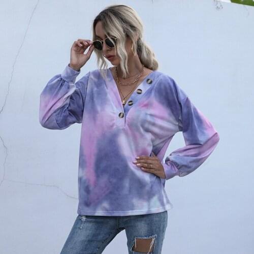 Tie-dyed Sweatshirt Women New Street Style Casual Button Tie-dyed Sweatshirt Women V-neck Long Sleeve Tops for Women Spring 2021