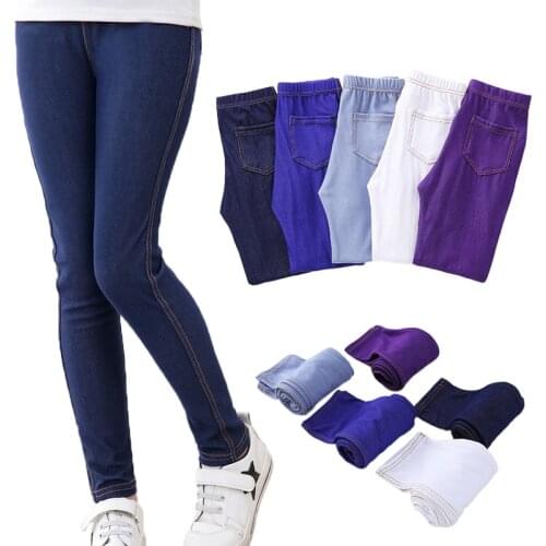 Spring Summer Girls Elastic Skinny Pants Solid Color Kids Stretch Trousers 3-12Yrs Children Lmitation Denim Fabric Jeans Pants