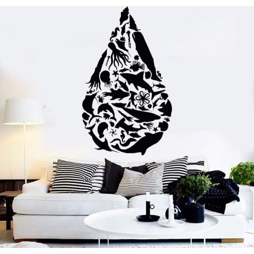 Vinyl Wall Decal Drop Shape Ocean Sea Animals Wall Sticker Removable Fishes Octopus Art Vinyl Wall Sticker Bathroom Decor AY565