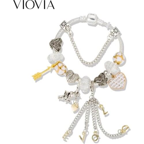 VIOVIA 2019 Cupid Arrow Snake Chain Charm Bracelets Bead With L O V E DIY Jewelry Pulseras Gift for Women Valentines Gift B19069