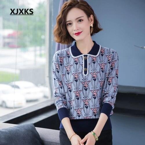 XJXKS 2021 autumn winter new wool knitted sweater women pullover fashion lapel casual printing women sweater
