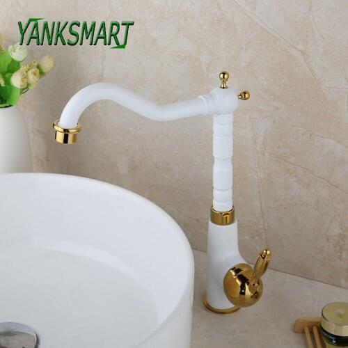 YANKSMART 360 Swivel White/ Golden Polished Single Handle Bathroom Faucet Basin Sink Deck Mounted Cold And Hot Mixer Water Tap