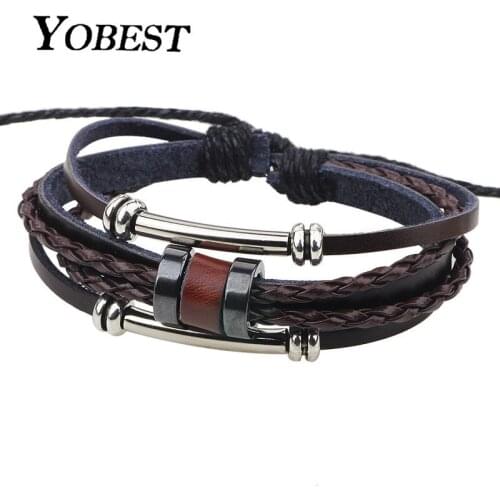 YOBEST Fashion Jewelry Multilayer Black mineral Bracelet for Women Leather rope Bracelets & Bangles Fashion Men Jewelry