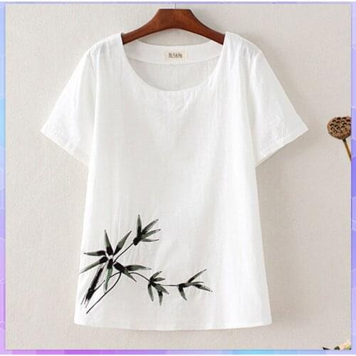 Plus Size Embroidery Womens Cotton Linen Tee Shirt O Neck Oversized T-shirt Ladies Top Retro Casual Loose Short Sleeve Tunic