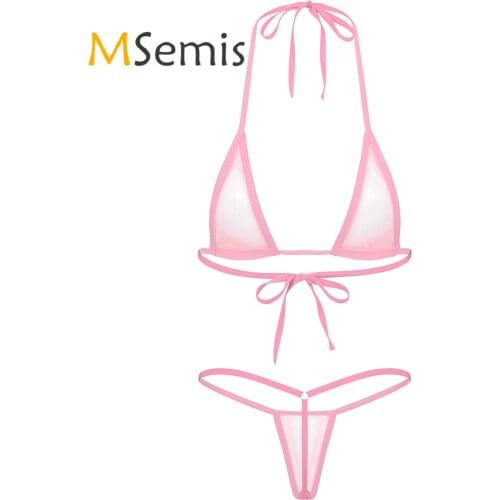 Womens Bikini Swimsuits Two-Piece Triangle See-through Swimwear Halter Lace-up Bra with T-back Briefs Thong for Lingerie Night