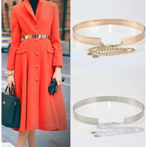 Womens Gold Belt High Waist Metal Mirror Metallic Plate Wide Obi Band Chains NEW