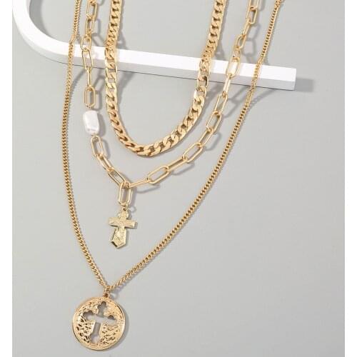 Vintage Cross Pendant Multilayer Layer Necklace for Women Charm Clavicle Chain Metal Lattice Chain Necklace Fashion Jewelry Gift