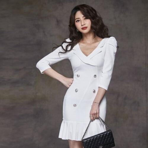 Sexy Deep V Suit Collar Three-quarter Sleeve Dress Female 2021 New Spring Womens Temperament Slim Bag Hip Skirt