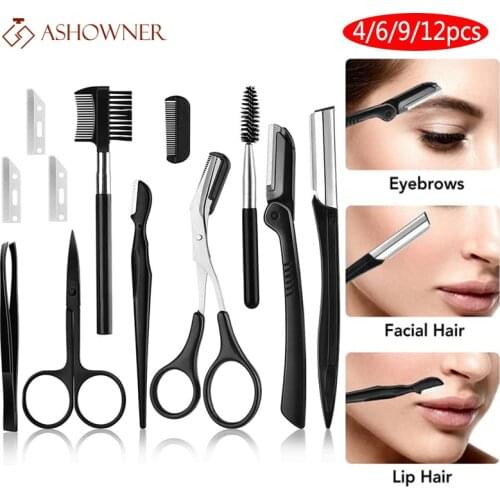 4/6/9/12PCS Eyebrow Trimmer Eyebrow Razor Kit Eyebrow Scissors Eyebrow Comb for Face Tweezers Eyelash Brush For Women Makeup