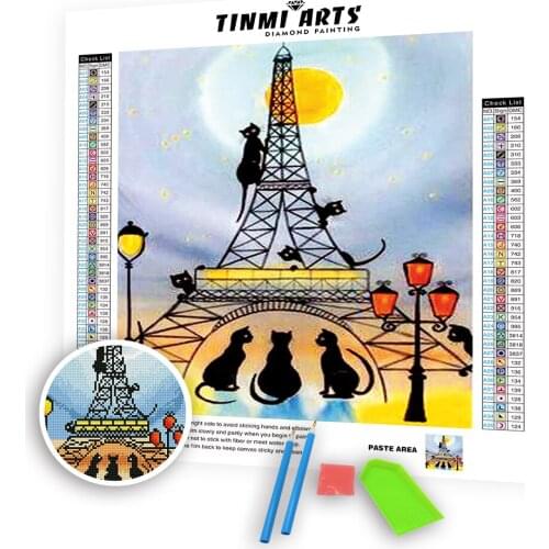 5D Diamond Painting Full Round Kits DIY Mosaic Cross Stitch Pattern Handmade Embroidery Kits Wall Décor Cat and Eiffel Tower