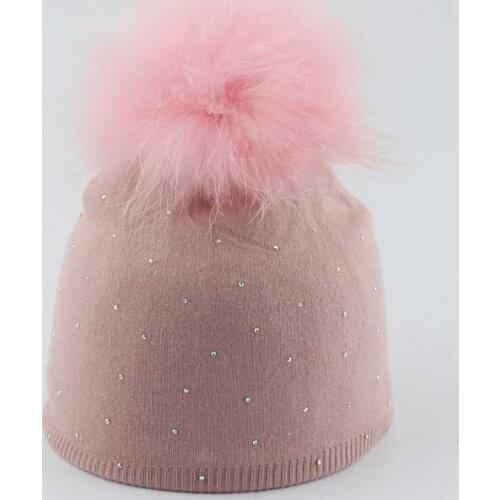 Kid Hat Winter Knit Beanie Girl Big Real Raccoon Fur Pompom Warm Rhinestone Skiing Warm Outdoor Accessory Cashmere Luxury