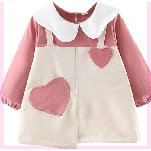 Baby dress stitching cotton long-sleeved dress childrens spring and autumn love pocket dress childrens clothes