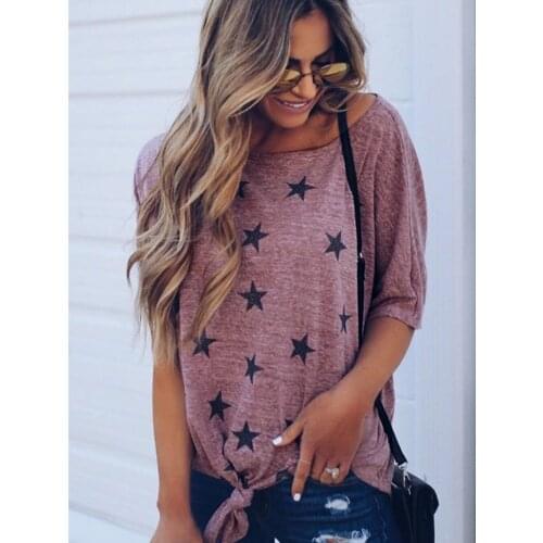 Bring Me The Stars Casual Summer Tee T-Shirt Tie Front Knot Womens Scoop Neck Short Sleeve Star Tshirt Pullover Tunic Tops