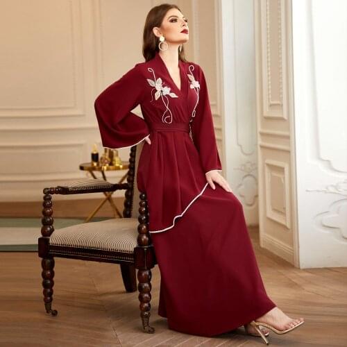 Fridayin Summer Womens Burgundy Embroidered Pearl and Diamond Long-Sleeved Solid Color Red Maxi Dress Muslim Maxi Abaya Kaftan