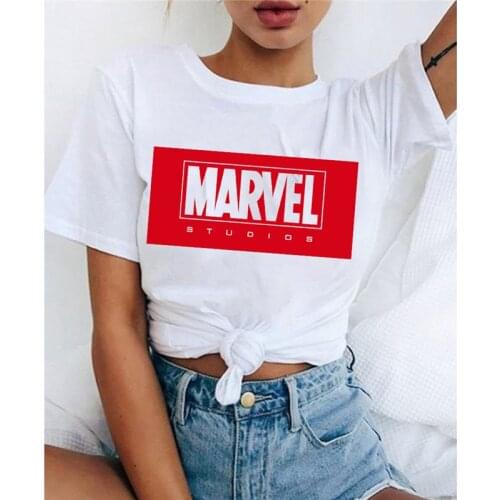 Womens T-shirt Harajuku MARVEL Summer Short Sleeve Cartoon Movie Print Superhero T Shirts Lady Loose White Tops O-neck Tshirts