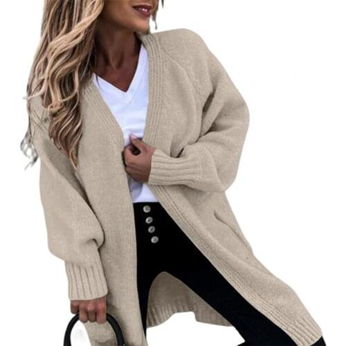 Long Women Knitting Cardigan Sweater V-Neck Solid Color Two Pockets Autumn Winter Ladies Open Front Sweater Outerwear