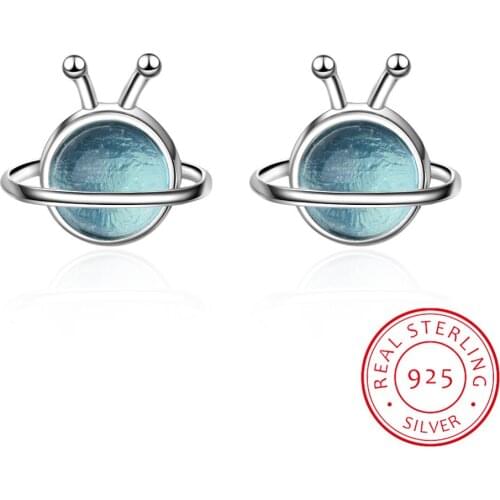 Korean Style Temperament Simple And Lovely 925 Sterling Silver Jewelry Blue Crystal Planet Female Stud Earring Brincos