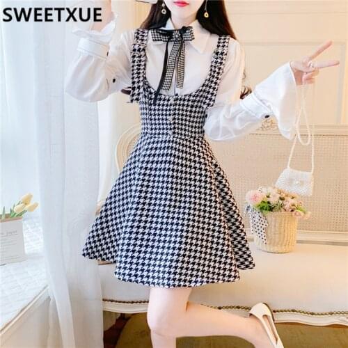 SWEETXUE Women Cute Suit French Bow Lapel Flared sleeves White Shirt + Retro Houndstooth Strap Skirt Female Two-piece Skirt Set