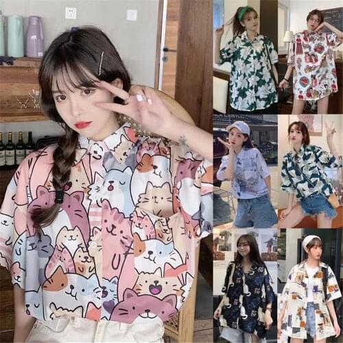 Fashion Cat Shirt Girl Funny Summer Student Shirt Women Gothic Hip Hop Tops Harajuku Clothes Half Sleeve Korean Shirt Girl