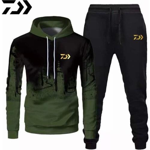 Men Autumn Winter Daiwa Fishing Suits Tracksuit Hooded Sweatshirt Drawstring Sportswear Male Suit Pullover Two Piece Casual Set