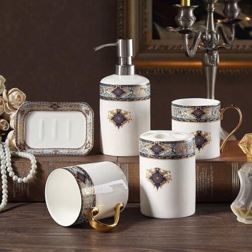 Bohemian blue bathroom five-piece European bone china wash kit bathroom supplies bathroom mug cup set LO724328