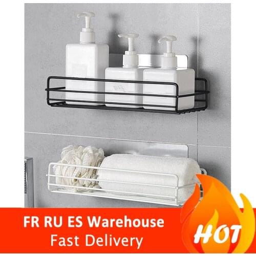 Shower Wall Shelf Punch Free Shower Shelf Black White Storage Suction Basket Storage RackKitchen Bathroom Accessories