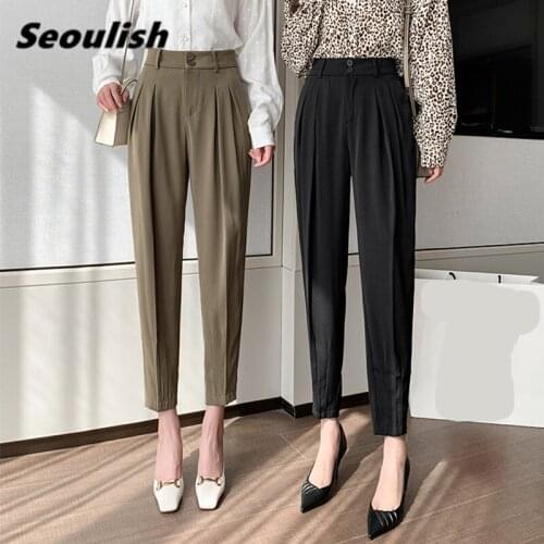Seoulish 2021 New Spring Formal Womens Harem Pant High Waist Ankle Length Female Button Workwear Elegant Trouses Summer