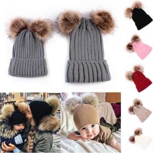 Mother Baby Hat Family Matching Hat Double Pom Pom Beanie Cap Solid Color Warm Boys Girls Cap Winter Kids Knitted Beanies Caps