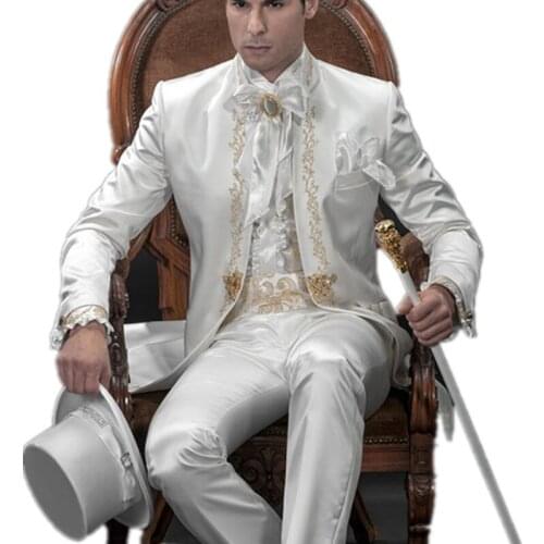 Stylish mens suits New Groom Suit White Wedding Suit Bridegroom Gold lace embroidery Suits custom Jacket + Pants + Girdle