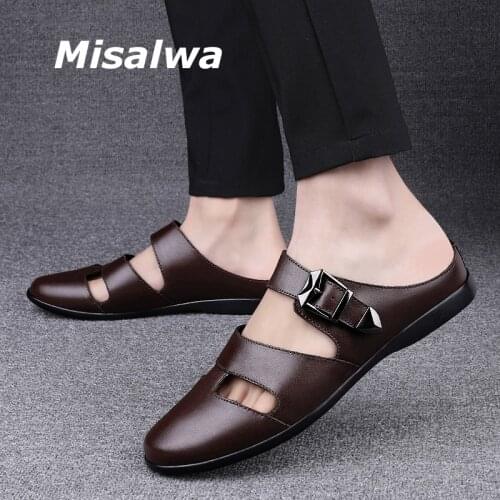 Misalwa Size 37-46 Men Daily Leather Slipper Home Office Half Dress Shoes Summer Casual Men Loafers Flat Mules Slip-on