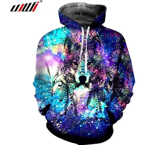 UJWI Mens Hoodies Print Star Wolf 3D Sweatshirts Man Hip Hop Streetwear Long Sleeve Hooded Pullovers O Neck Sweats Hoody Unisex