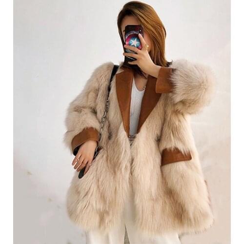 Womens Winter Fox Fur Jacket Autumn mid-length Fur Coat Stitching Leather PU Coat Women Single Breasted Coat