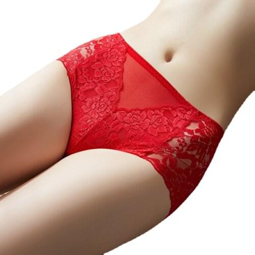 High waist sexy lace transparent buttock lift abdomen traceless ladies triangle pants cotton crotch large size